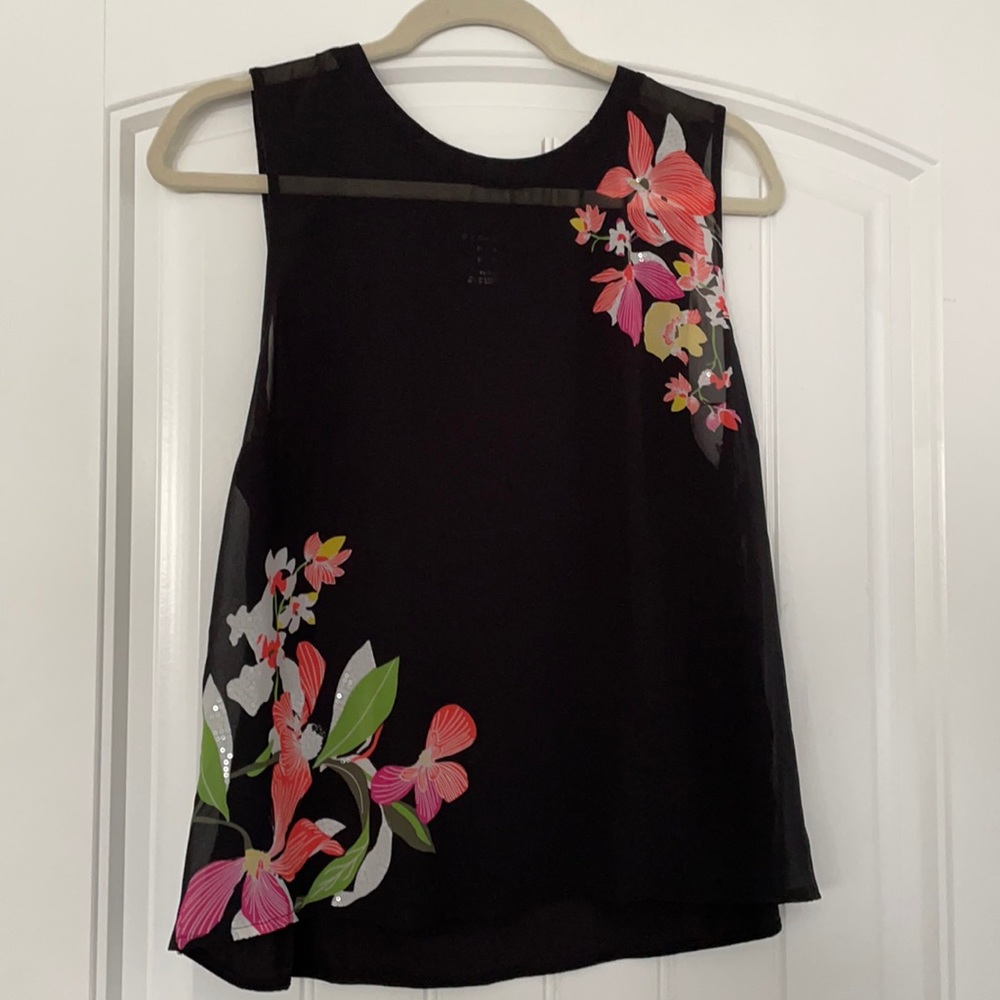M Black silky tank with sequin tropical flowers